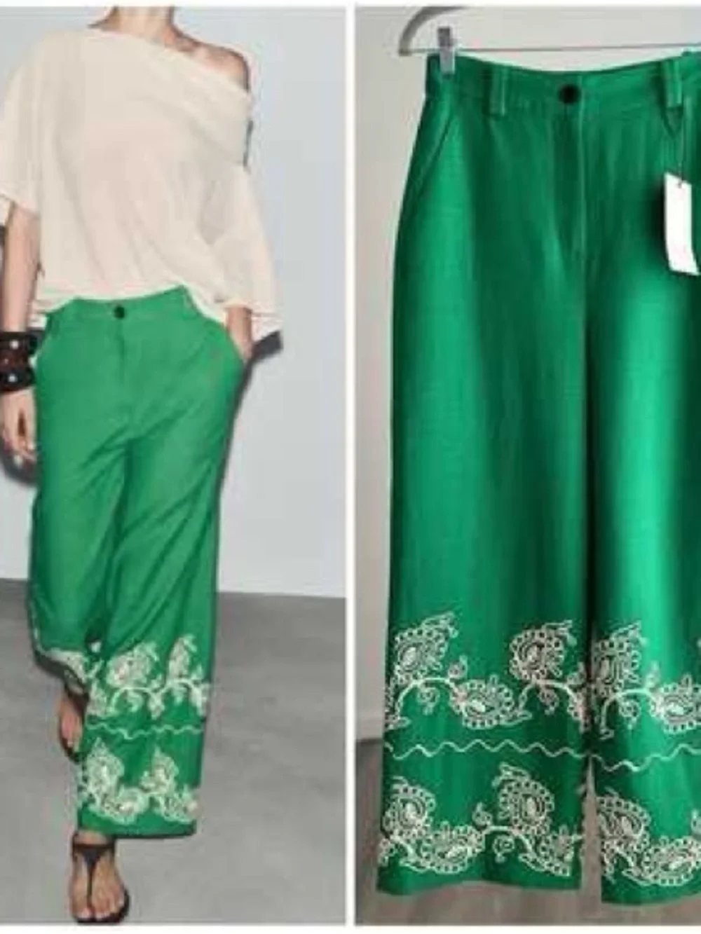 NWT! Zara Emerald Green Embroidered Wide Leg Linen Blend Trousers Pants - Size S